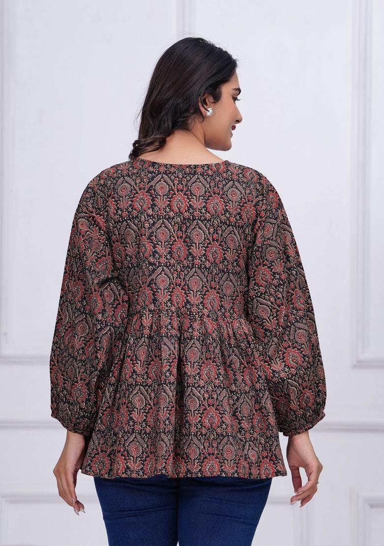 Black Printed Cotton Top - Indya