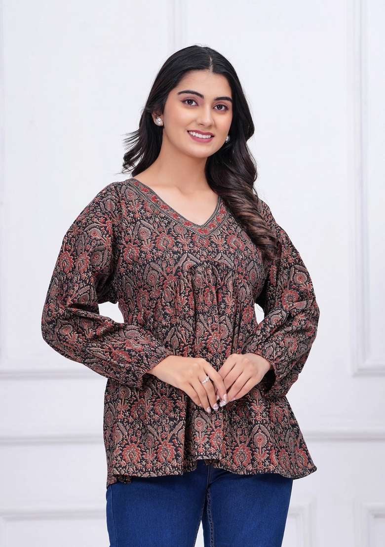 Black Printed Cotton Kurta - Indya