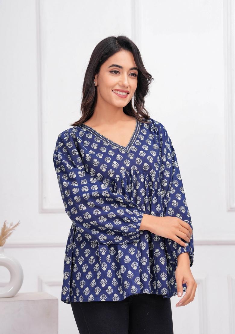 Blue Printed Cotton Tunic - Indya