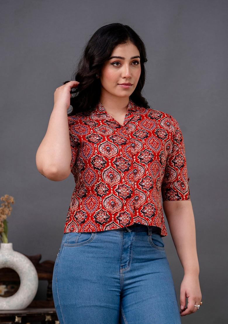 Maroon Printed Cotton Top - Indya