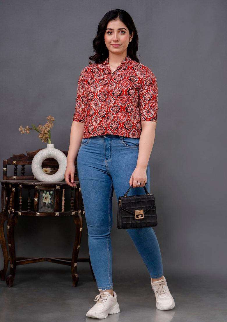 Maroon Printed Cotton Top - Indya