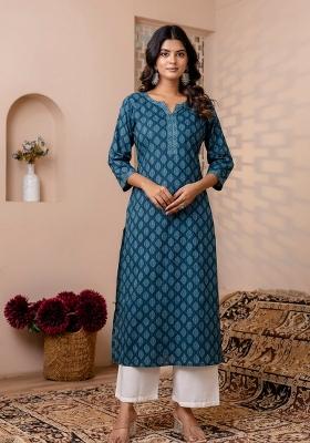 Teal Blue Printed Cotton Kurta