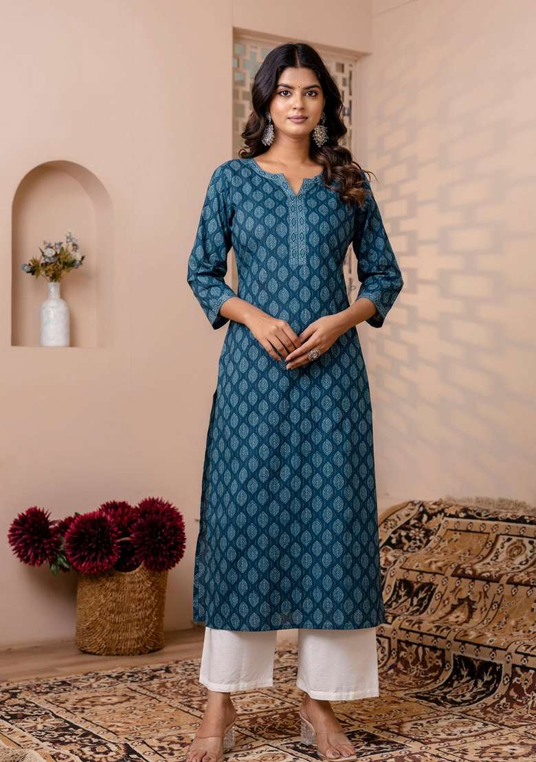 Teal Blue Printed Cotton Kurta - Indya
