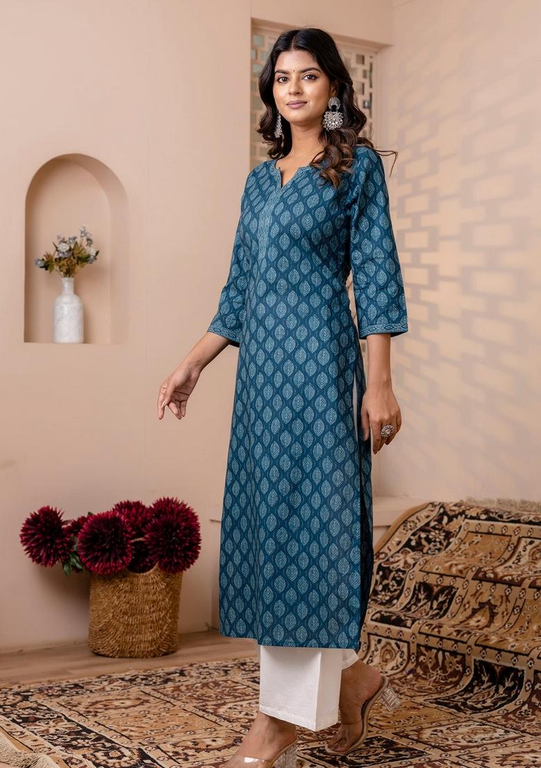 Teal Blue Printed Cotton Kurta - Indya