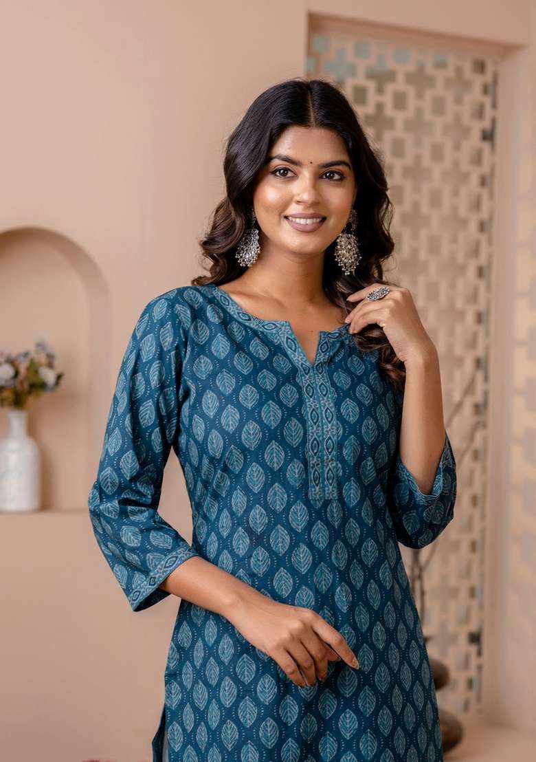 Teal Blue Printed Cotton Kurta - Indya