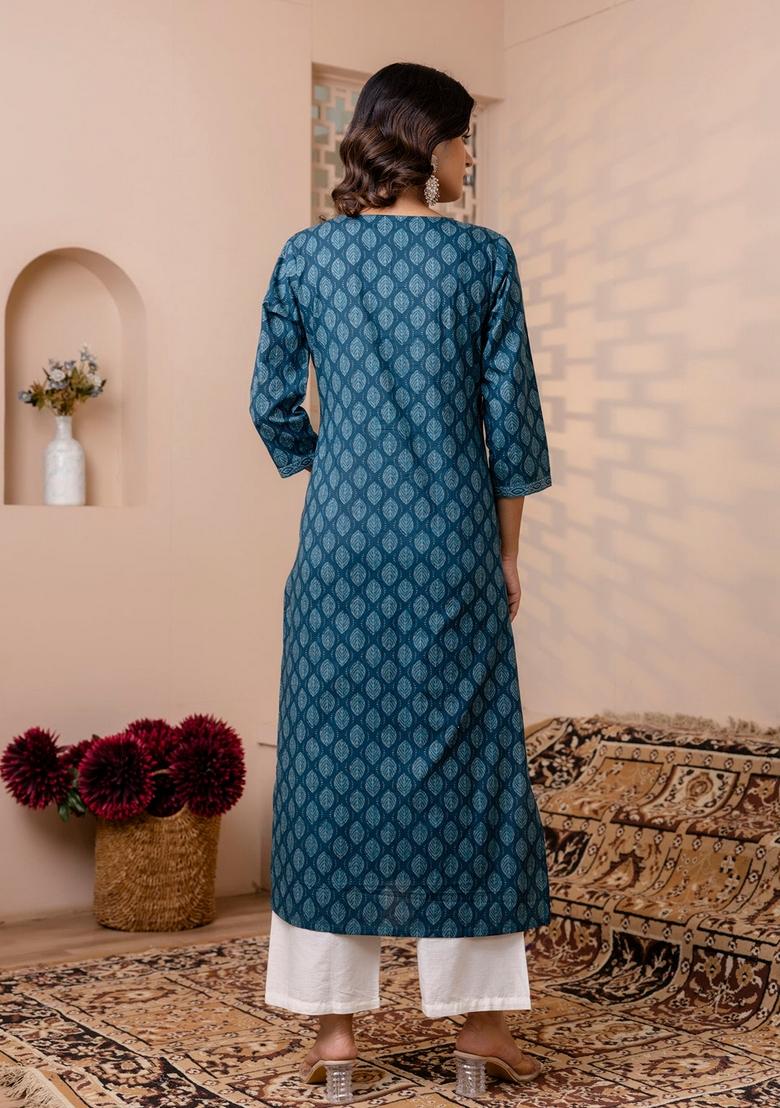 Teal Blue Printed Cotton Kurta - Indya