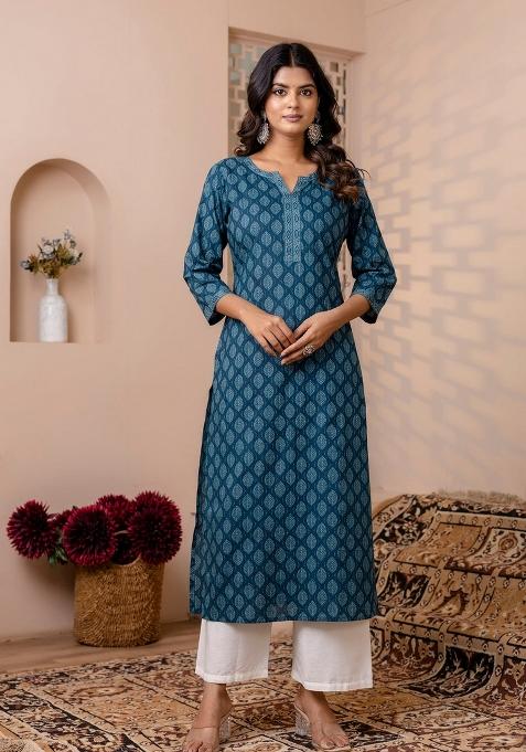 Teal Blue Printed Cotton Kurta