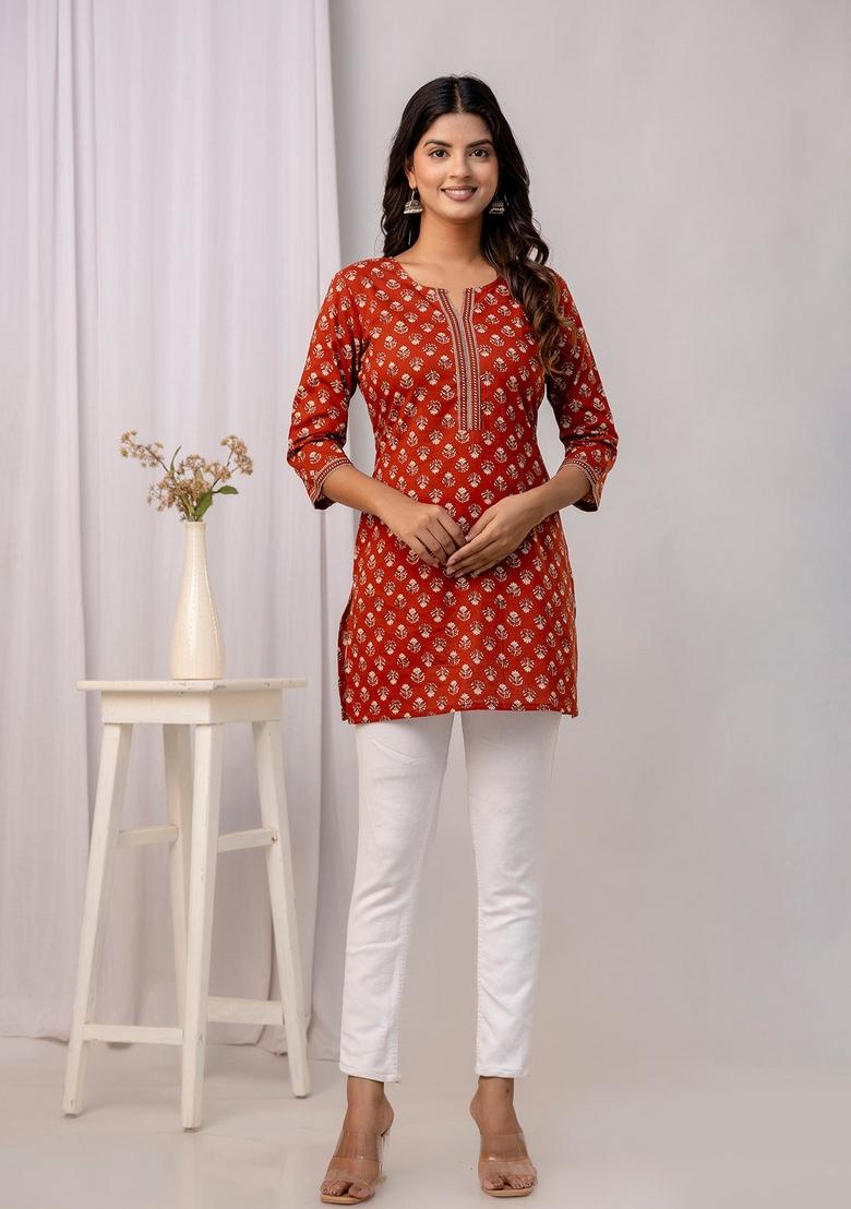 Rust Printed Cotton Tunic - Indya