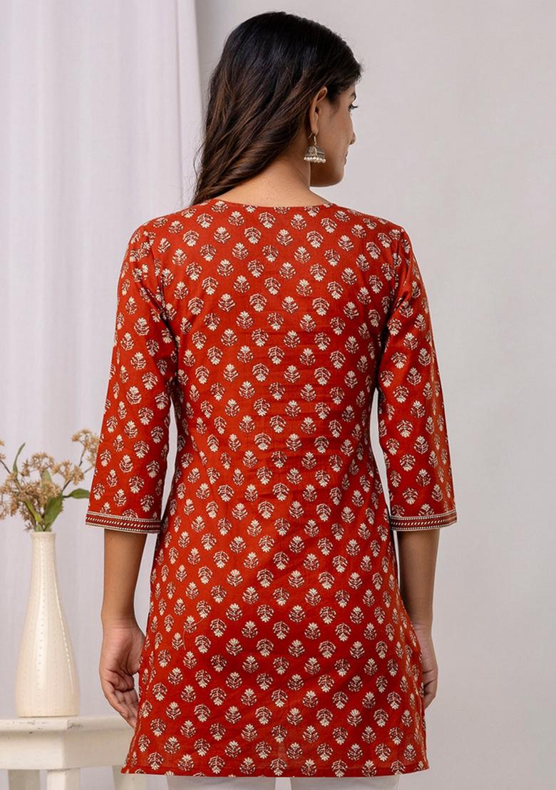 Rust Printed Cotton Tunic - Indya