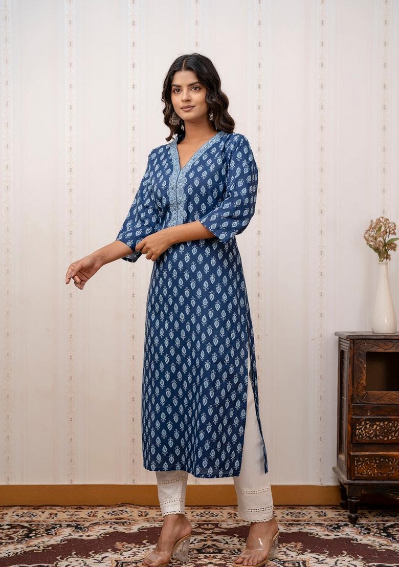 Blue Printed Cotton Kurta - Indya