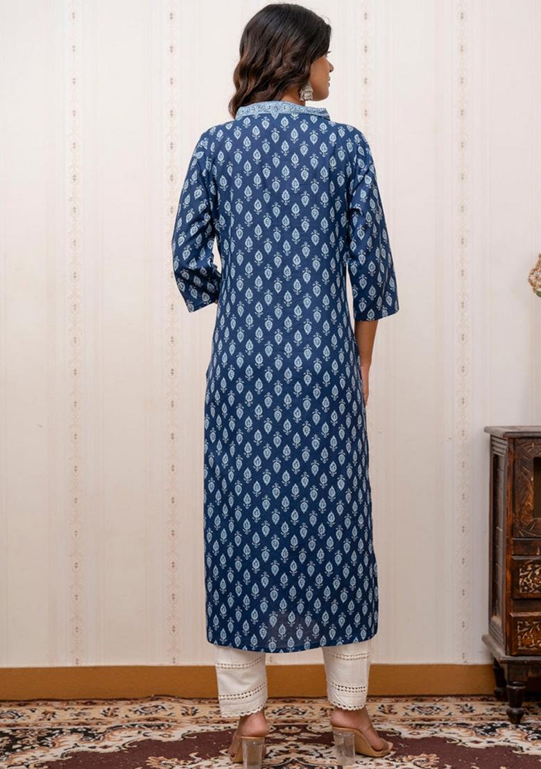 Blue Printed Cotton Kurta - Indya