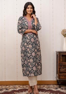 Green Printed Cotton Kurta