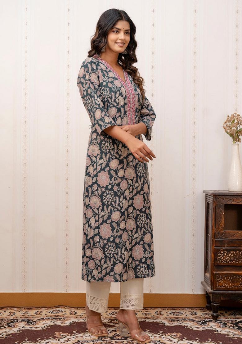 Green Printed Cotton Kurta - Indya