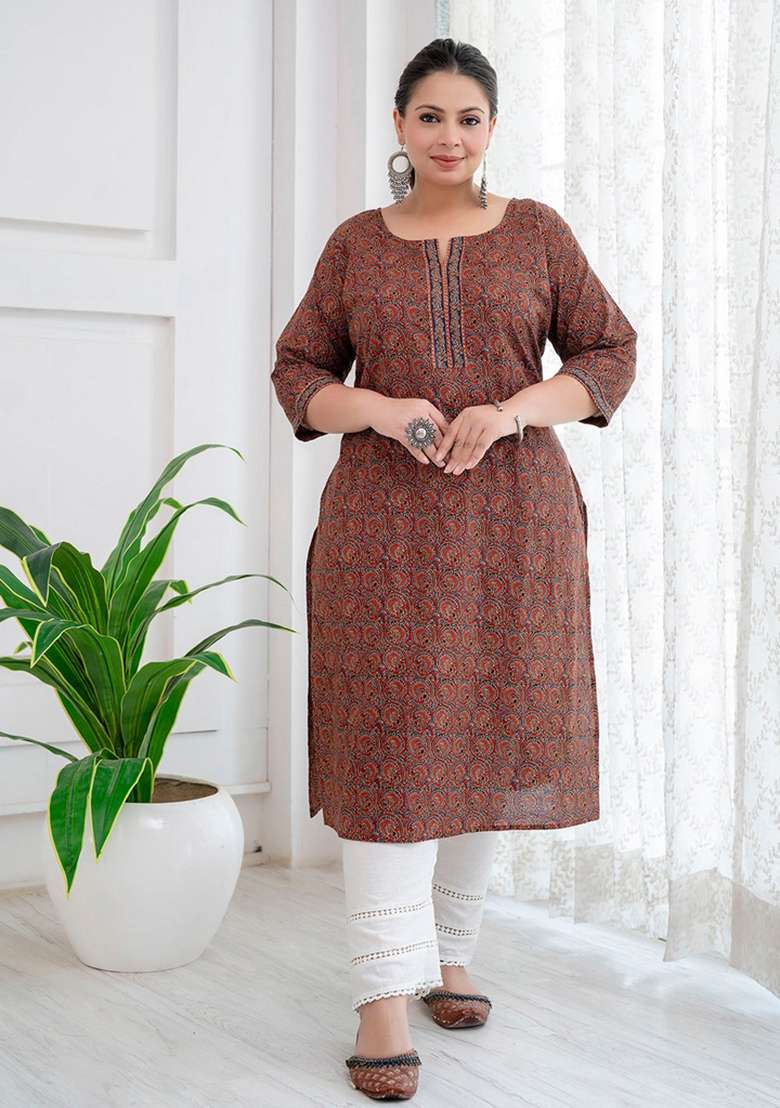 Rust Printed Cotton Kurta - Indya
