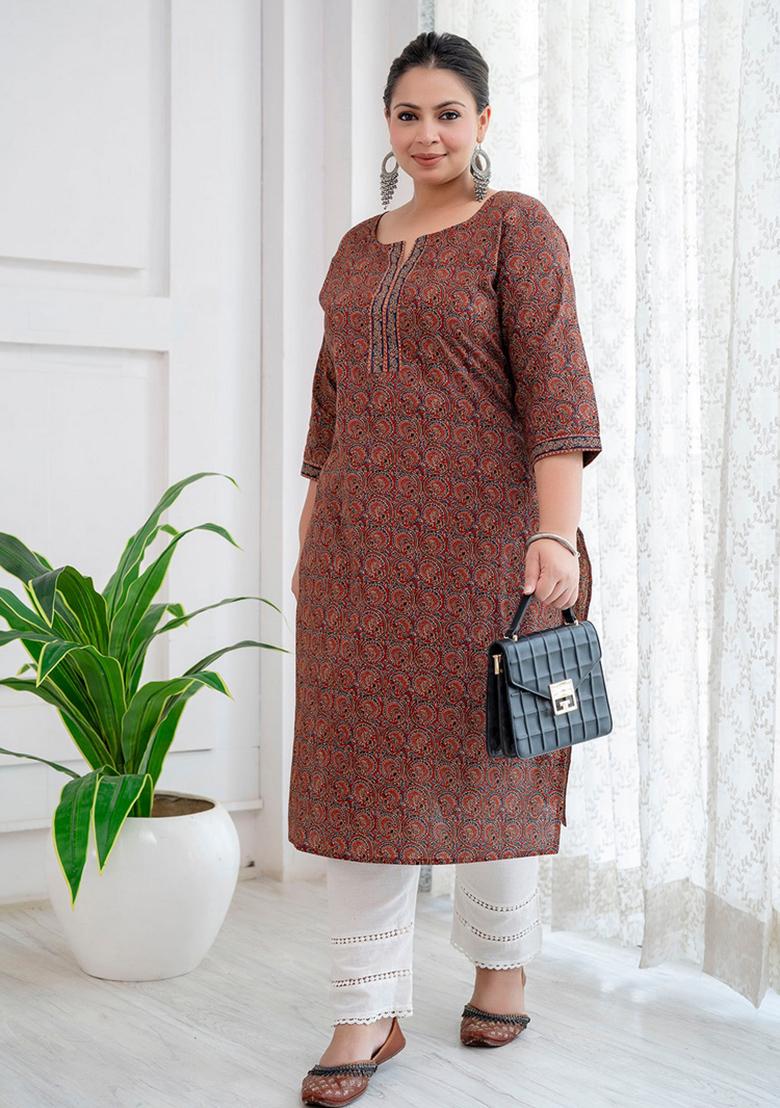 Rust Printed Cotton Kurta - Indya