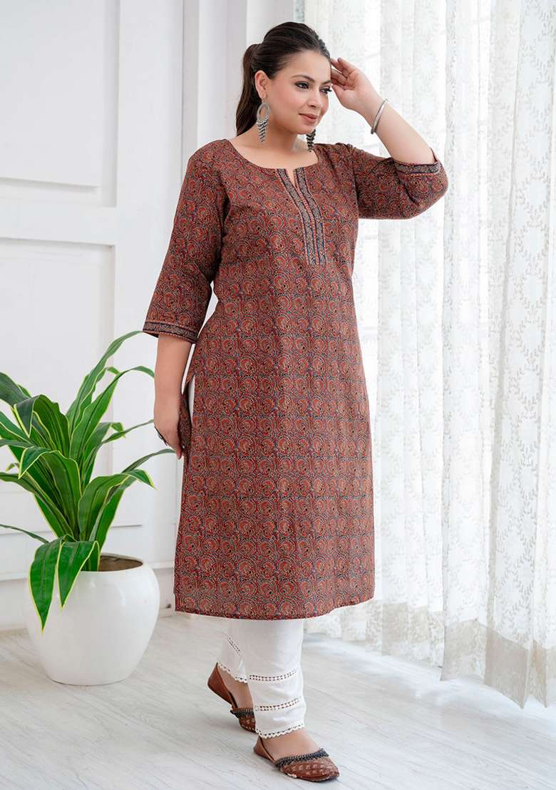 Rust Printed Cotton Kurta - Indya