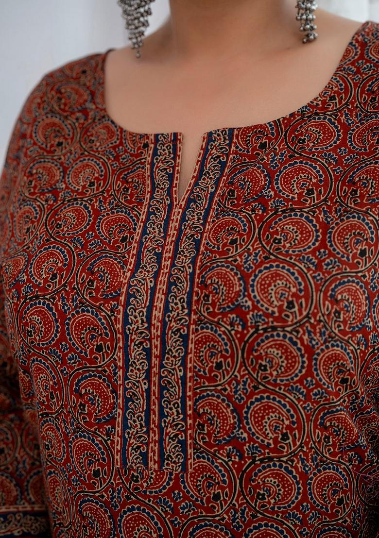 Rust Printed Cotton Kurta - Indya