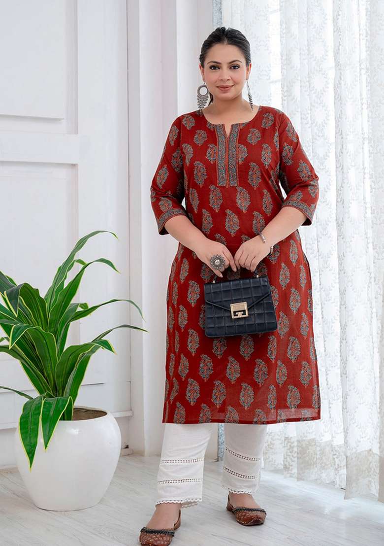 Maroon Printed Cotton Kurta - Indya