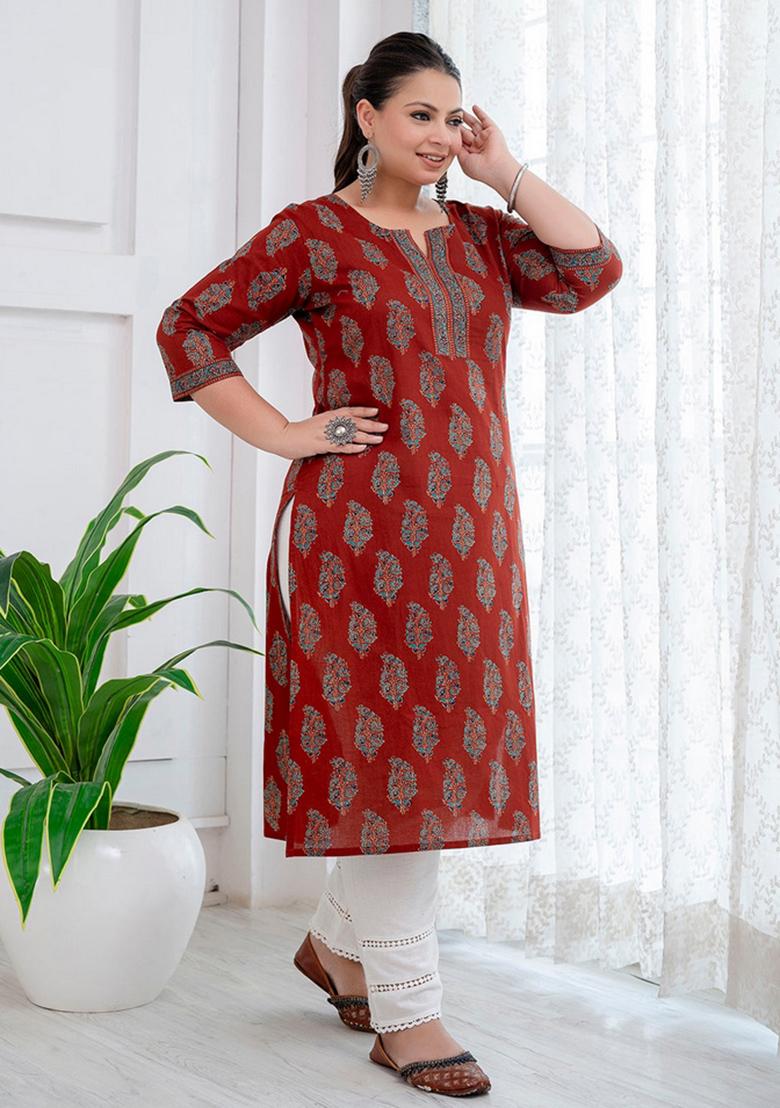 Maroon Printed Cotton Kurta - Indya