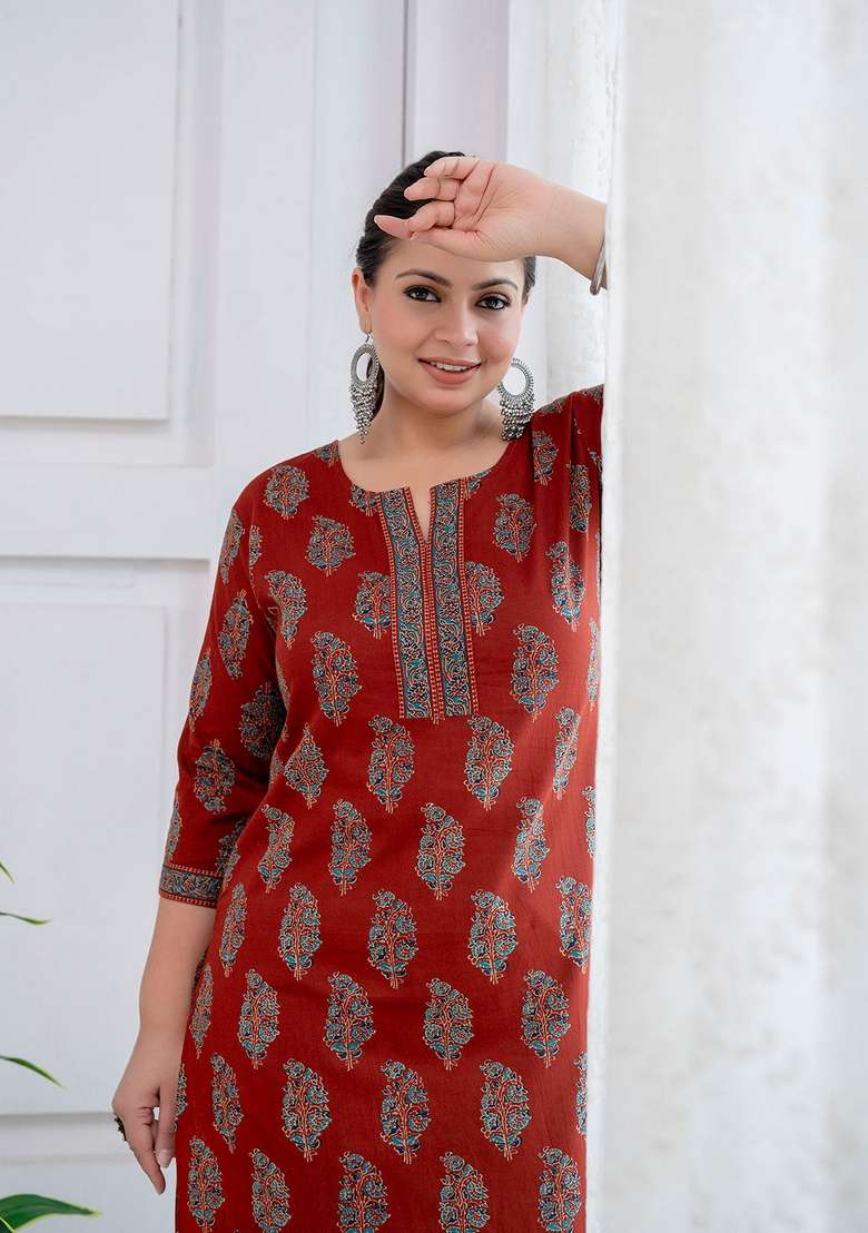 Maroon Printed Cotton Kurta - Indya