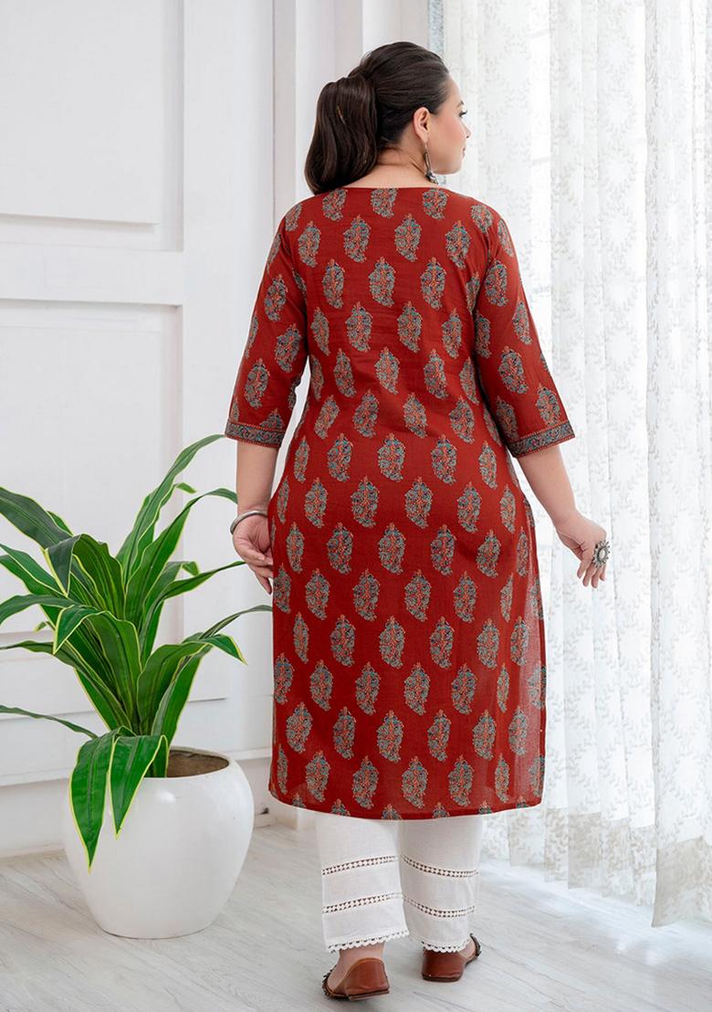 Maroon Printed Cotton Kurta - Indya