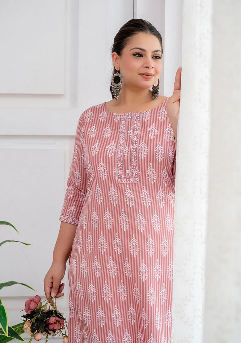 Pink Printed Cotton Kurta - Indya