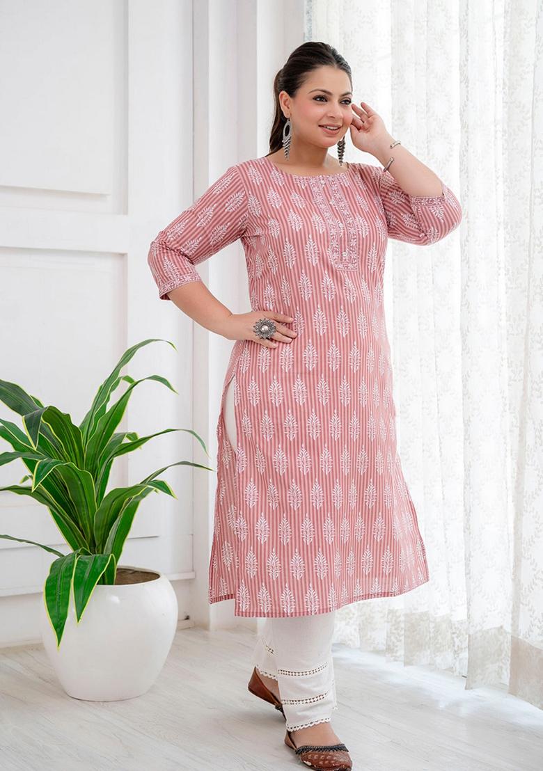 Pink Printed Cotton Kurta - Indya