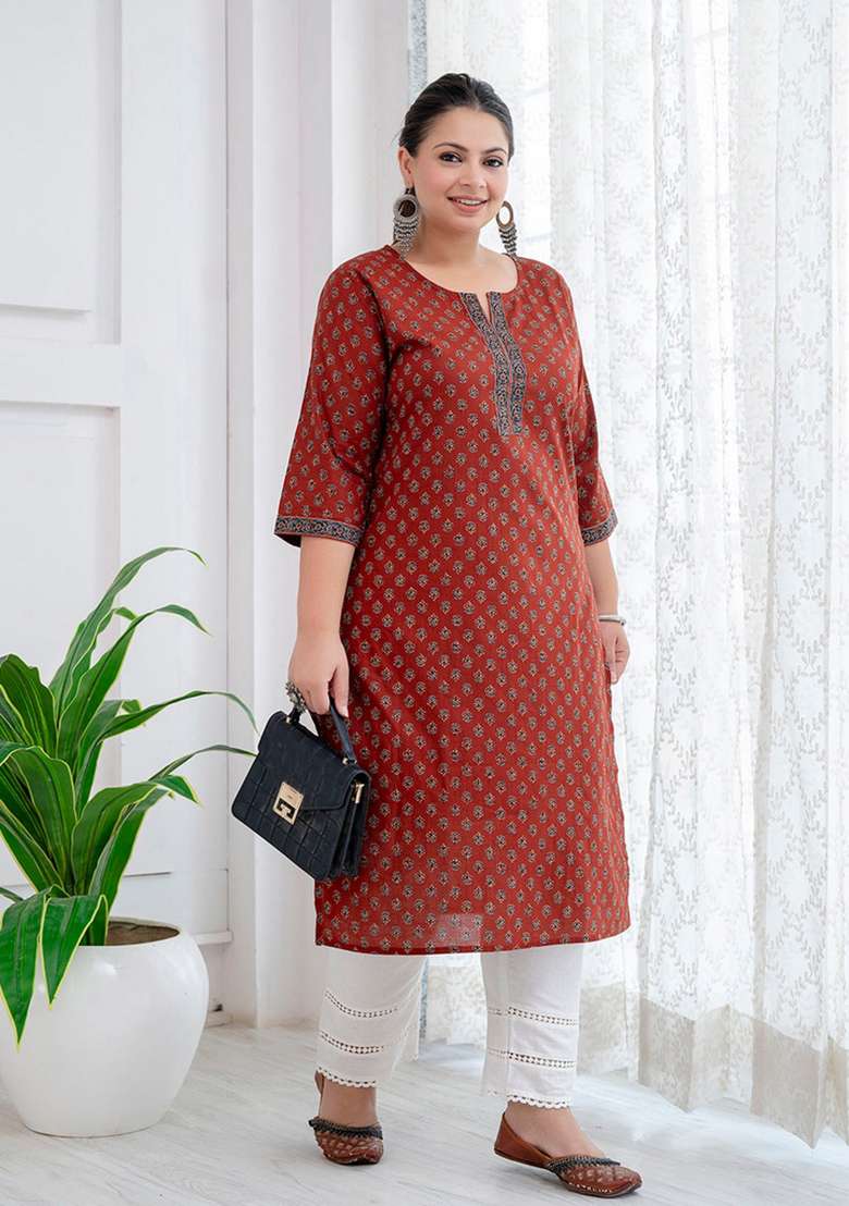 Maroon Printed Cotton Kurta - Indya