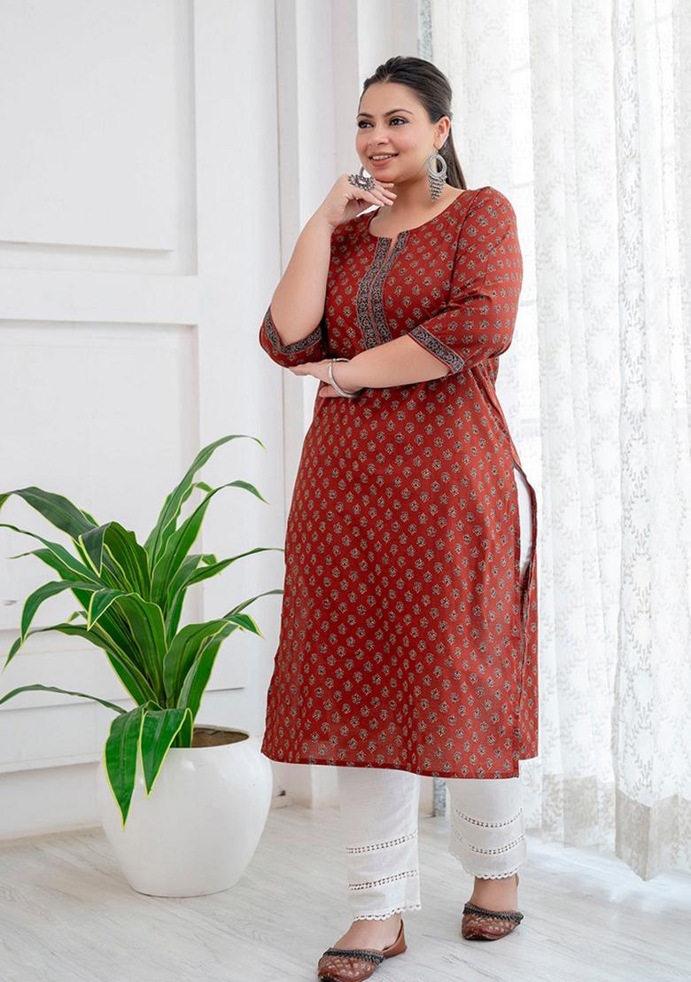 Maroon Printed Cotton Kurta - Indya