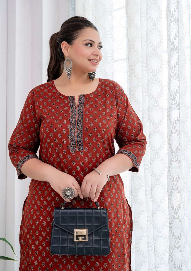 Maroon Printed Cotton Kurta - Indya