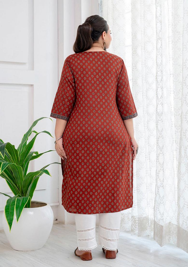 Maroon Printed Cotton Kurta - Indya