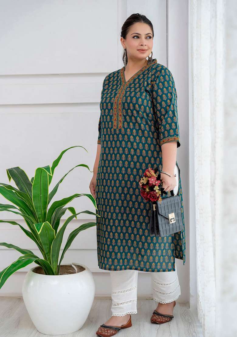 Green Printed Cotton Kurta - Indya