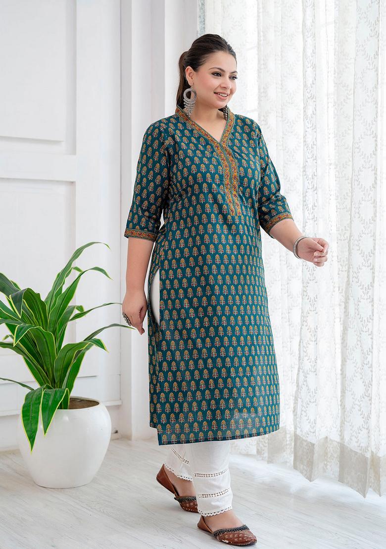 Green Printed Cotton Kurta - Indya