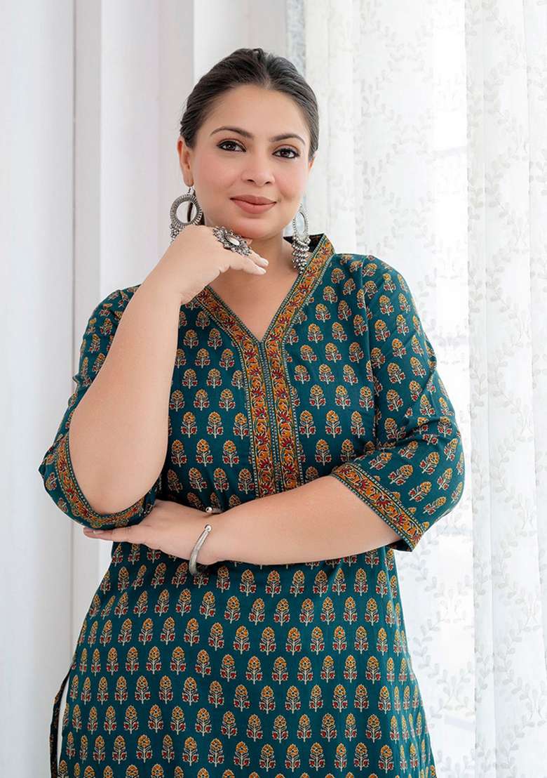 Green Printed Cotton Kurta - Indya