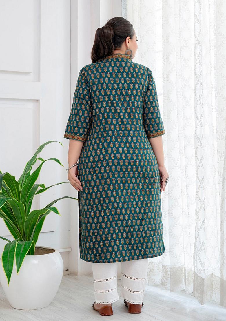 Green Printed Cotton Kurta - Indya