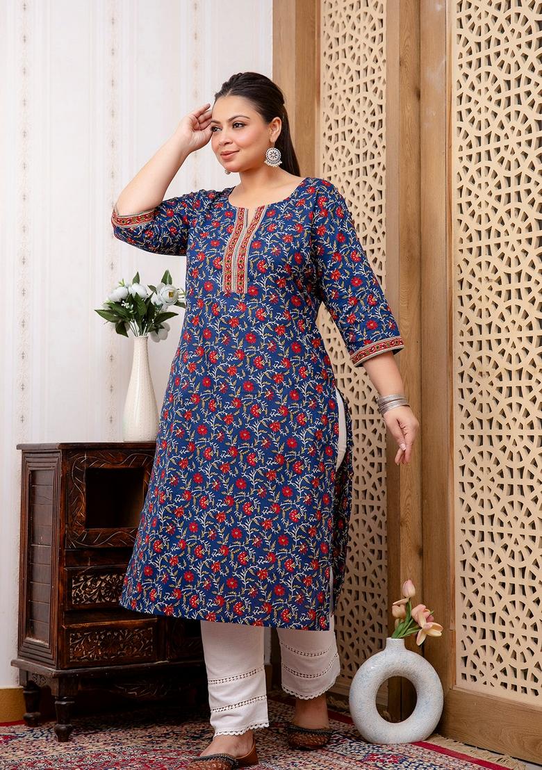 Blue Printed Cotton Kurta - Indya