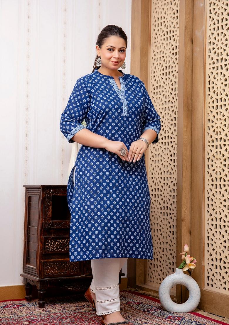 Blue Printed Cotton Kurta - Indya