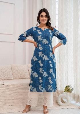 Blue Printed Cotton Kurta