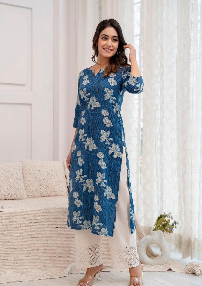 Blue Printed Cotton Kurta - Indya