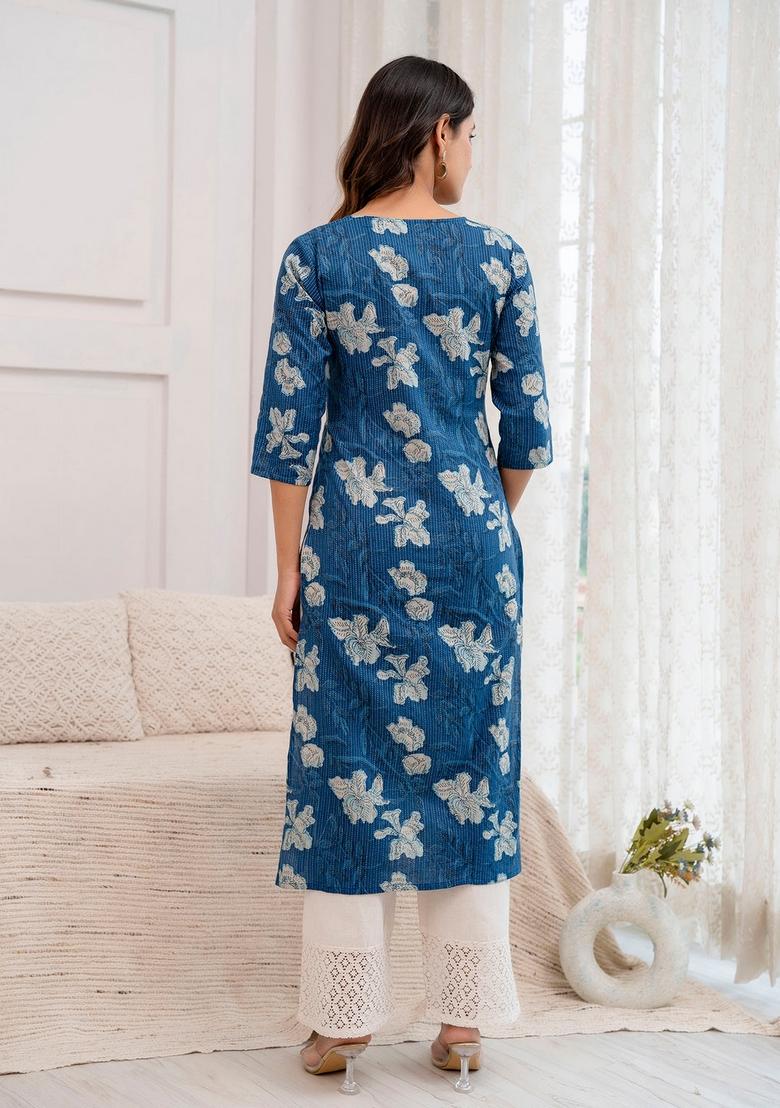 Blue Printed Cotton Kurta - Indya