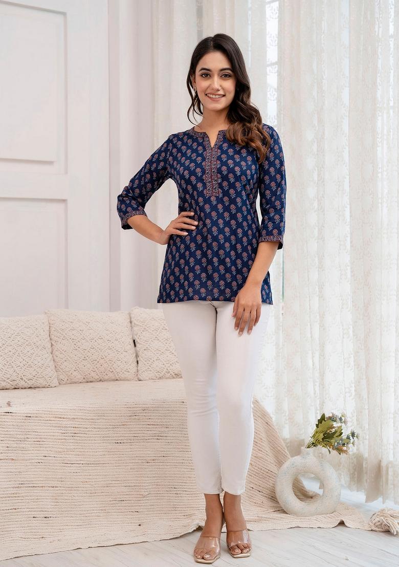 Blue Printed Cotton Tunic - Indya