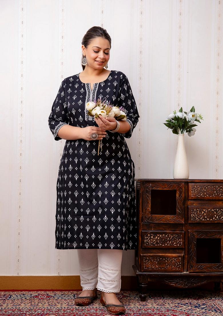 Black Printed Cotton Kurta - Indya