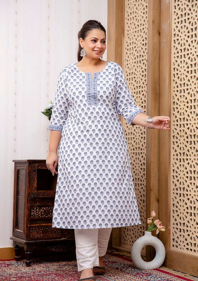 White Printed Cotton Straight Kurta Set - Indya