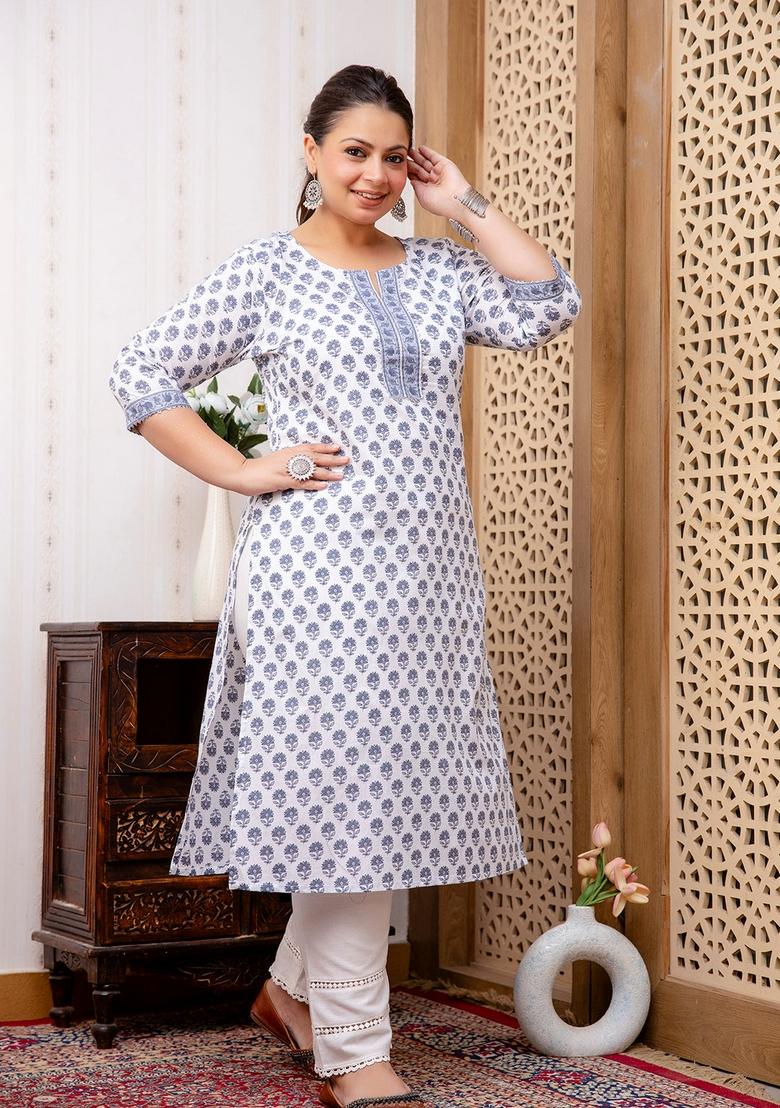 White Printed Cotton Kurta - Indya