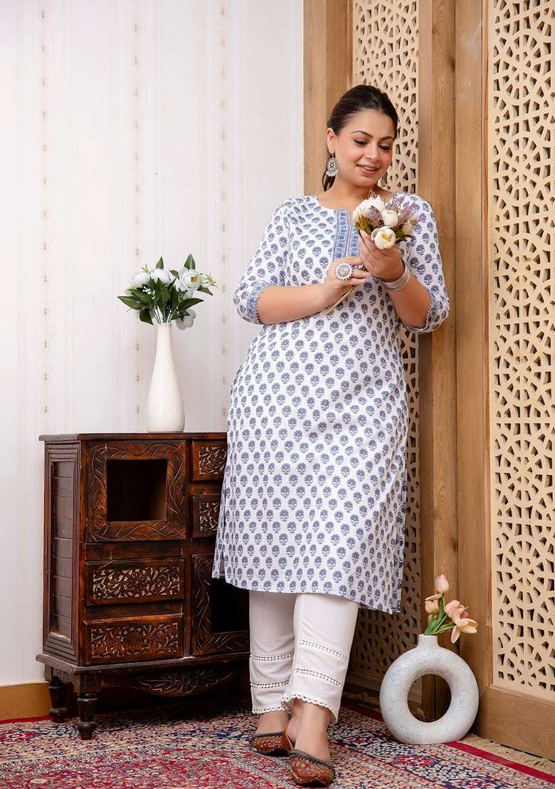 White Printed Cotton Straight Kurta Set - Indya