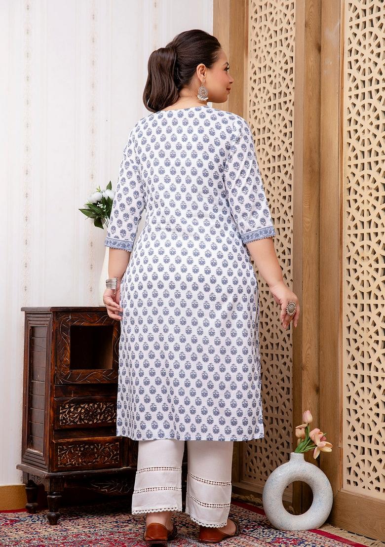 White Printed Cotton Kurta - Indya