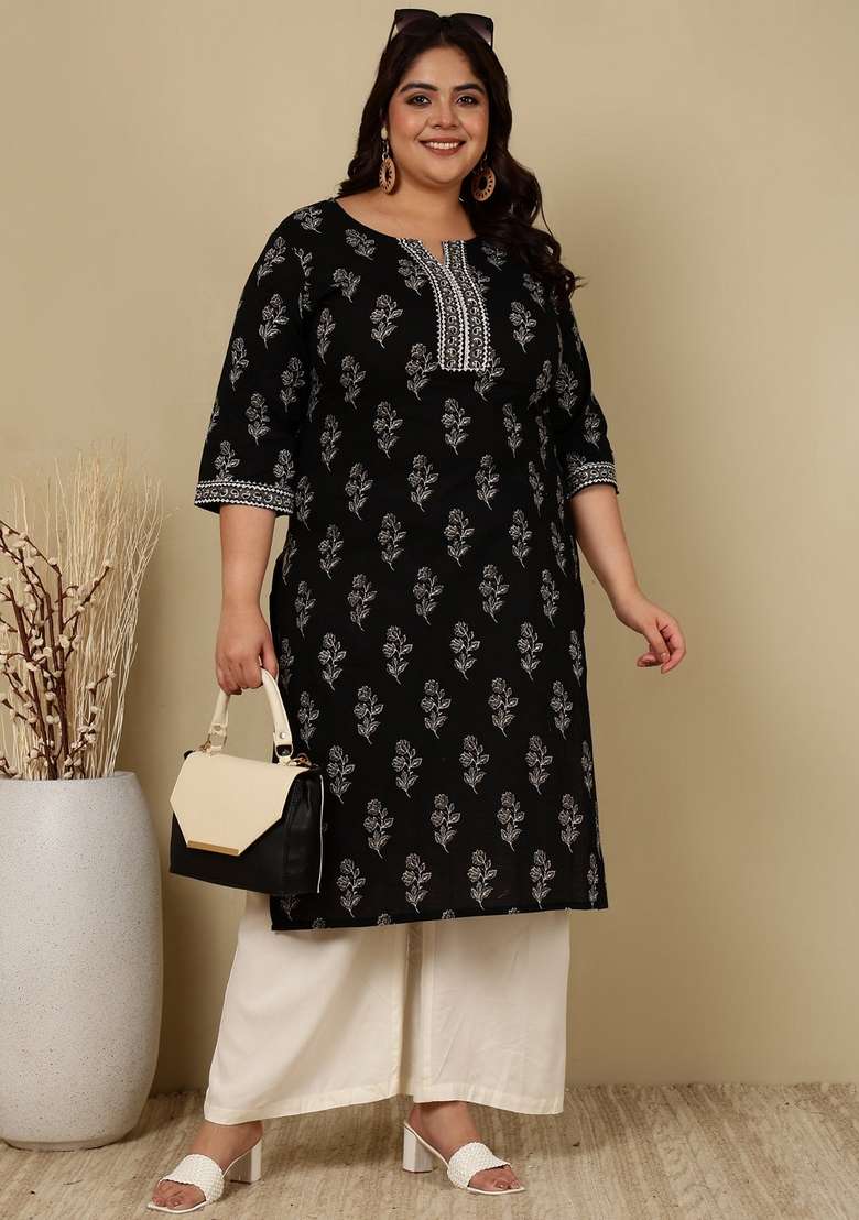Black Printed Cotton Kurta - Indya