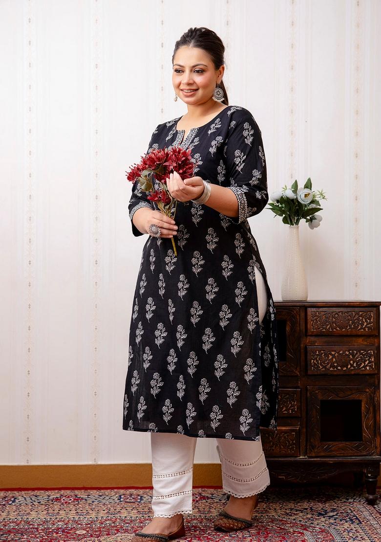 Black Printed Cotton Kurta - Indya