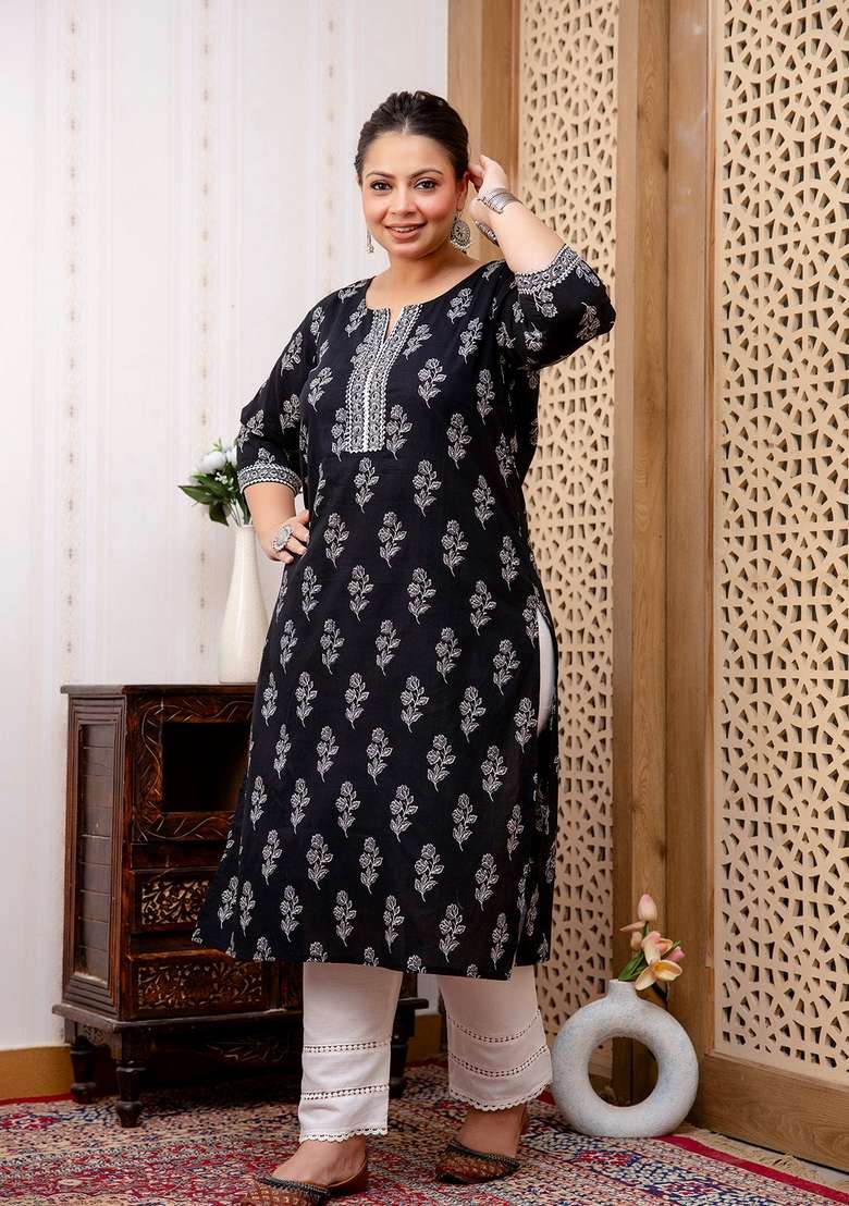 Black Printed Cotton Kurta - Indya