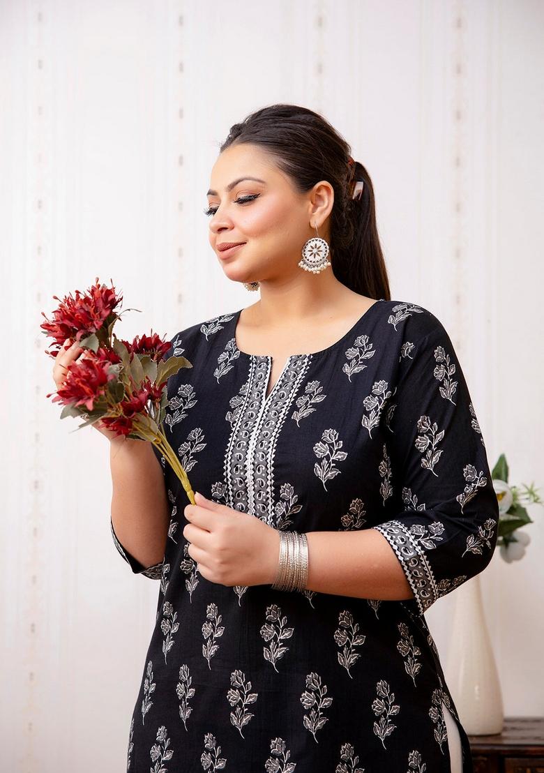 Black Printed Cotton Kurta - Indya